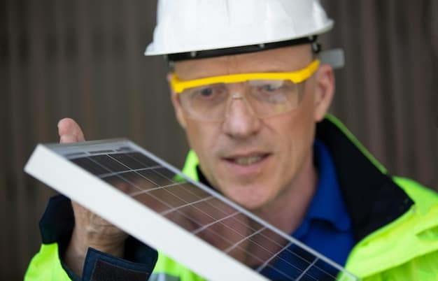 A close-up shot of a worker installing a solar panel on a rooftop, with a residential neighborhood in the background. The worker is wearing safety gear and the focus is on the panel and their hands.