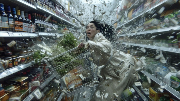 A stack of groceries with visible price tags, indicating rising inflation, with a blurred background of a busy supermarket.