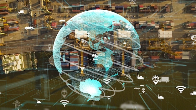 A detailed image showing a complex supply chain network with trucks, ships, and warehouses, illustrating the global interconnectedness and potential disruption points that can influence inflation.