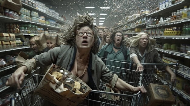 A graphic illustrating consumers facing rising prices at a grocery store checkout, with worried expressions and overflowing shopping carts representing the impact of inflation on household budgets.