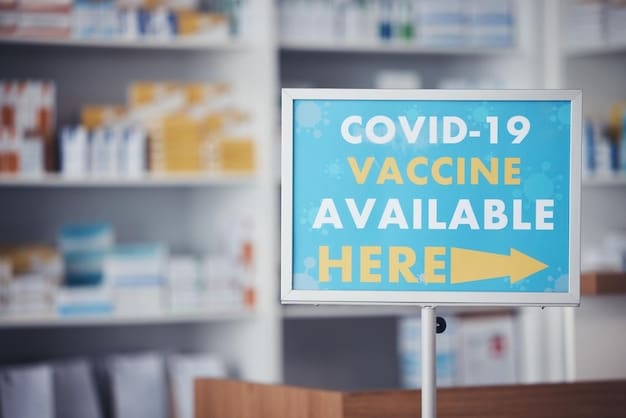 An image of a pharmacy or vaccination clinic, clearly displaying signage related to COVID-19 vaccinations and booster shots. The image shows healthcare professionals administering vaccines in an organized and clean environment.