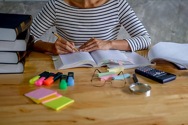 A student sitting at a desk, creating a study schedule with colorful pens and highlighters, surrounded by open textbooks and practice tests. The image emphasizes organization and planning.