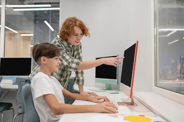 A teacher giving one-on-one guidance to a student working on a coding project in a brightly lit, modern classroom, highlighting personalized attention and support.