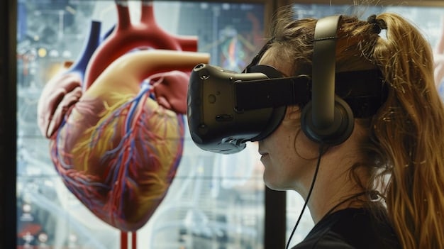 Students using VR headsets in a science class to explore a virtual human heart, showing immersive learning and technological engagement.