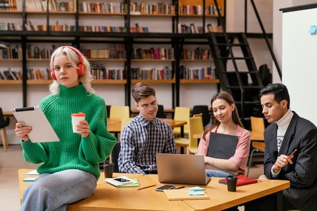 A group of people from different backgrounds studying a language together in a modern co-working space, with laptops and language learning materials spread across the table.