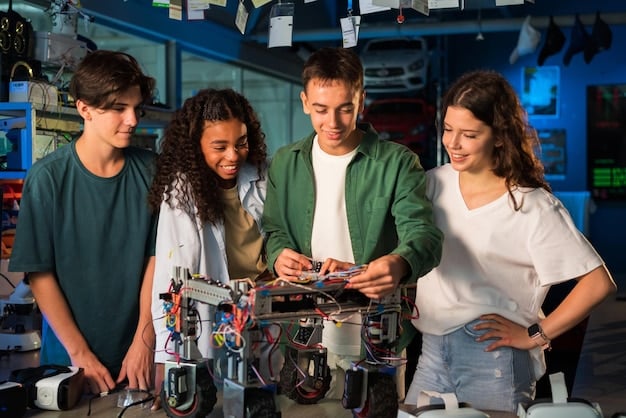 A college student enthusiastically participating in a robotics club meeting, showcasing hands-on skills and teamwork. Various robots and electronic components are visible in the background.
