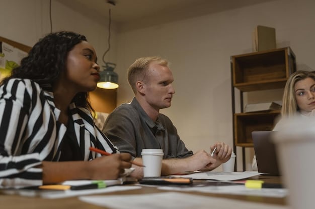 A diverse team of professionals brainstorming ideas in a brightly lit conference room. The team members are engaged in a lively discussion, writing on a whiteboard, and using tablets to share information.
