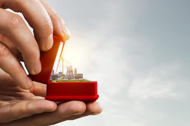 Close-up of a hand placing miniature buildings, representing infrastructure projects and economic development, onto a US flag backdrop. Highlights the budget's investments in infrastructure and their envisioned positive economic effects.