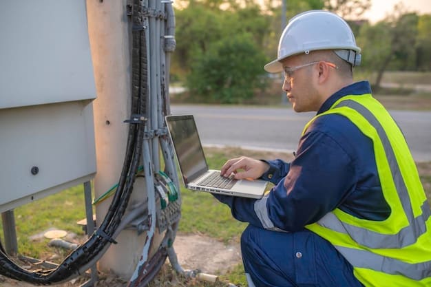 Depicts a technician working on a fiber optic cable installation, highlighting investments in broadband infrastructure and improved connectivity.