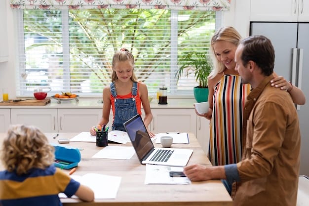 A family sitting at a table, reviewing financial documents and using a calculator, with a modern house visible through the window in the background. The scene conveys the concept of household financial planning in response to changing interest rates.