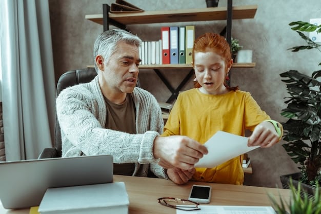 A parent and child smiling while reviewing tax documents together, reinforcing the idea of financial planning and preparing for tax season.