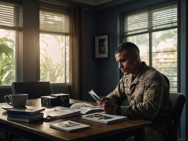 A split image: on one side, a relaxed veteran planning finances at a home office; on the other side, the same veteran enjoying time with family outdoors. The overall mood is positive and aspirational, demonstrating the benefits of financial security.