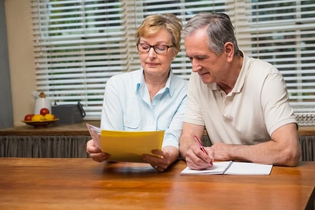 An elderly couple sitting at a table, reviewing Medicare Part D enrollment forms with a healthcare advisor. The setting is bright and welcoming, emphasizing the importance of informed decision-making.