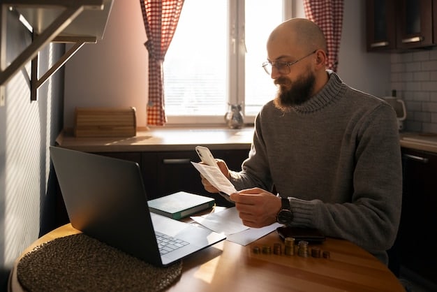A person reviewing financial documents and using a laptop to calculate retirement expenses, with a focus on integrating Social Security benefits into the overall retirement plan.