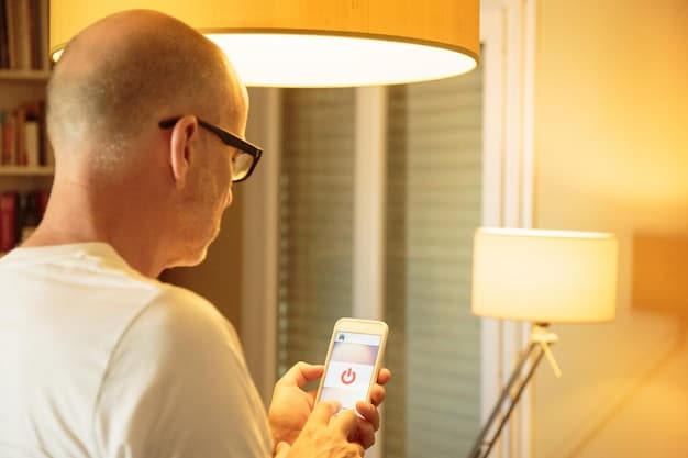 Close up of a smart bulb being installed into a lamp socket, with a smartphone displaying a smart home app in the background. The focus is on the ease of installation and the integration of technology into everyday lighting.