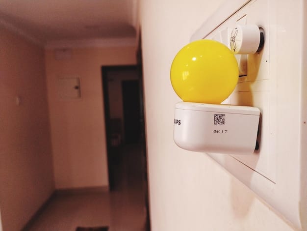 A close-up of various smart home devices (smart bulb, smart lock, smart thermostat) connected to a central smart home hub, emphasizing the interconnectedness and control the hub provides.