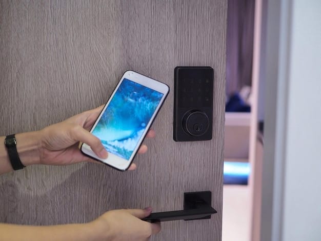A close-up shot of a hand using a smartphone to unlock a smart lock on a front door. The smart lock has a digital keypad and a sleek, modern design.