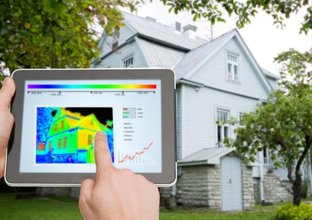 A smart home automation dashboard on a tablet, showing real-time data from water sensors placed throughout a house, including flow rates and moisture levels.