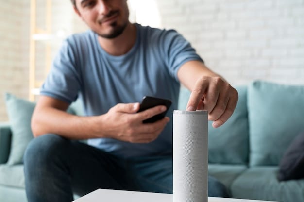 A person using a voice assistant device (like Amazon Echo or Google Home) to control their smart curtains. The curtains are seen partially closing or opening in response to the voice command.