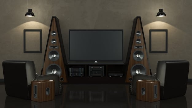 A high-end surround sound system in a home theater, featuring multiple speakers strategically placed around the room, including front speakers, a center channel speaker, surround speakers, and a subwoofer. The audio equipment is neatly integrated into the room's design.