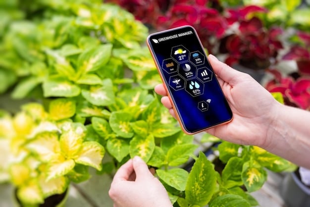 A close-up shot of a smart watering system controller, showing various settings and schedules on a digital display. The background is a lush garden, highlighting the seamless integration of technology and nature.