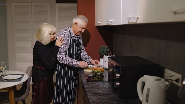 A modern kitchen equipped with smart appliances, including a voice-controlled oven and a smart refrigerator, with a senior man easily preparing a meal.