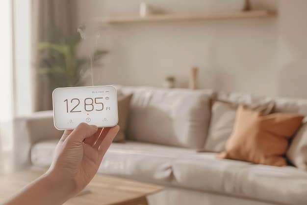 A smart thermostat screen displaying a connection error message, placed in a modern living room setting with neutral tones and minimalist decor.
