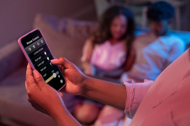 A person using a mobile app to control smart lighting in their living room, adjusting brightness and color temperature to create a specific mood.