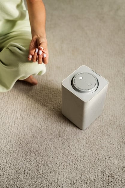 A close-up shot of a sleek, modern wireless speaker sitting on a bookshelf in a living room, showcasing its minimalist design and seamless integration into the home environment.