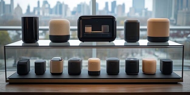 A curated selection of different wireless speakers from various brands, neatly displayed on a minimalist shelf, each showcasing its unique design and features.
