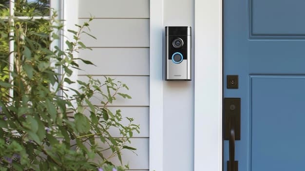 Close-up of a smart doorbell camera mounted next to a front door, showing the camera's lens and a doorbell button. The background should be a well-lit porch area.