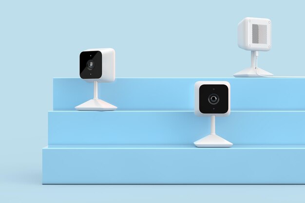 A set of three different types of smart home security cameras: an indoor camera on a shelf, an outdoor camera mounted on a wall, and a doorbell camera installed next to a front door. Each camera should be clearly visible and in focus.