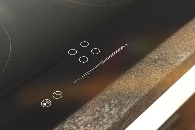 A close-up shot of a smart oven's touchscreen display, showing a selection of cooking modes and temperature settings. The backdrop is a stylish kitchen with modern cabinetry, showcasing the seamless integration of technology into everyday life.