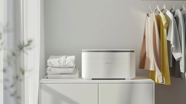 A modern laundry room featuring a smart washing machine and dryer set. The dryer's display shows a moisture sensor reading, emphasizing the appliance's ability to prevent over-drying. The scene is well-lit and organized, conveying a sense of efficiency.