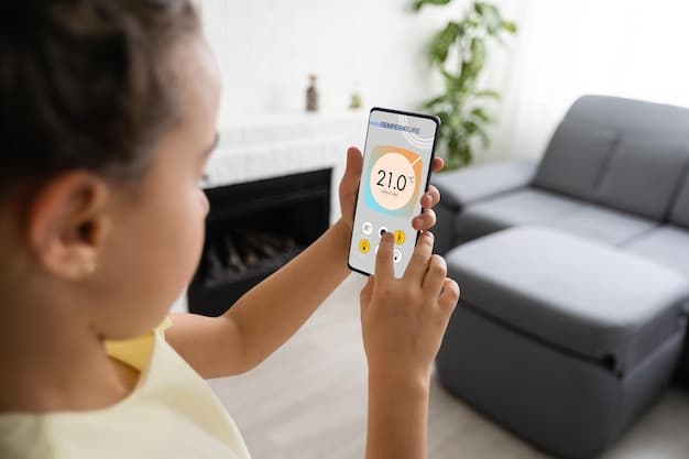 A smartphone displaying the user interface of a smart thermostat app, showing a weekly schedule with different temperature settings for various times of the day. The app highlights the ease of programming and controlling the thermostat remotely.