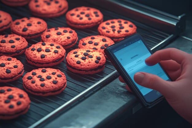 A close-up of a smart oven's touchscreen display, showing a recipe for chocolate chip cookies with precise temperature and cooking time settings.