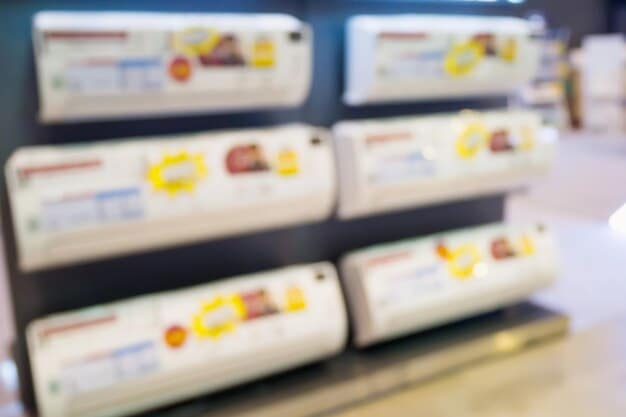A brightly lit aisle in a large retail store, showcasing a variety of smart refrigerators and ovens with promotional price tags and signage highlighting energy savings.