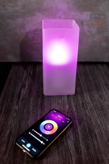 A close-up of a smart bulb connected to a smart speaker, with a smartphone displaying a lighting control app.