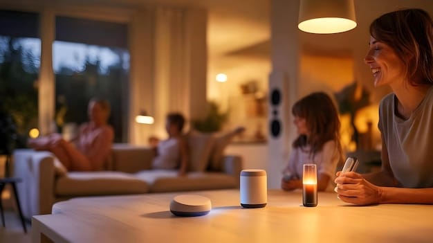 A person using voice commands to control the smart lights with a smart speaker in the background.