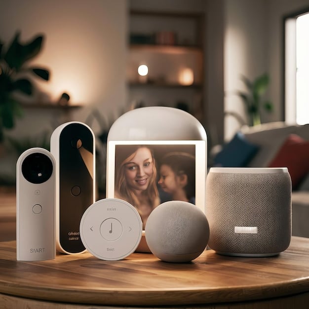 A close-up of various smart home devices (smart bulbs, smart thermostat, smart lock) all connected and controlled through a smart home hub interface on a tablet. The interface showcases the ease of use and integration.