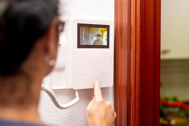 A close-up shot of a smart doorbell camera with a person approaching the door, highlighting the camera's clear video quality and wide viewing angle.