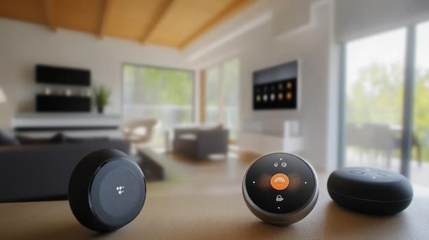 A living room scene featuring a smart home hub controlling various devices, including security cameras, lights, and thermostats, showcasing the convenience of a connected home.