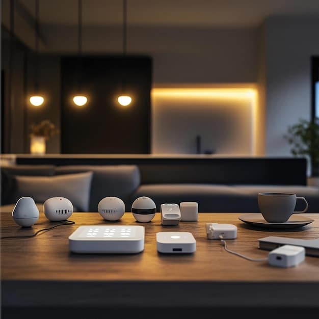 A close-up shot of a smart home hub with various connected devices such as smart bulbs and a smart lock displayed on a smartphone app.