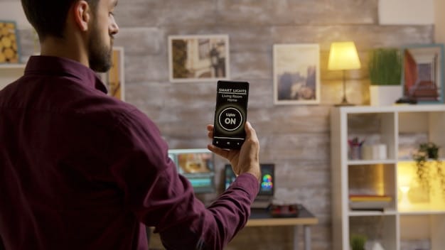 A person setting up a smart home device, such as a smart bulb, with their smartphone. The smartphone displays the app interface for controlling the device.
