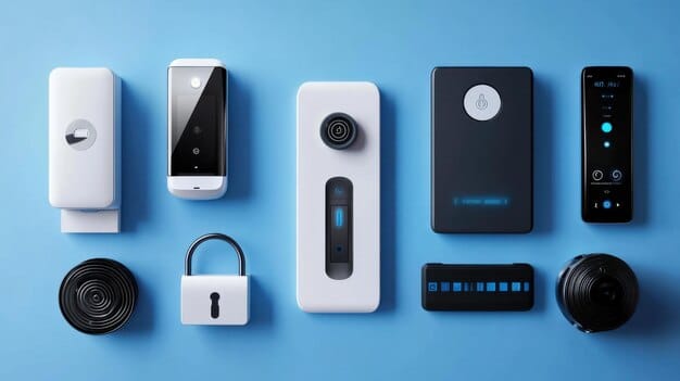 A selection of different smart locks displayed on a table. The smart locks vary in design, with some featuring keypads, others touchscreens, and some traditional keyholes. The brands represented include Yale, August, and Schlage, and each lock is shown with its packaging and accessories.