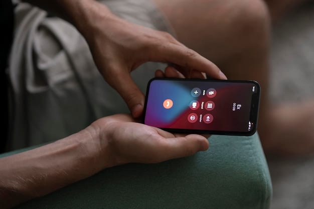 A close-up shot of a person's hands interacting with a smartphone app, displaying a live video feed from a smart home camera showing their front door and yard. The interface is clean and user-friendly, with controls for recording, playback, and two-way communication.