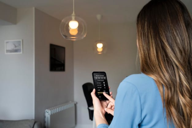 A person using a smartphone to control various smart home devices, such as adjusting the thermostat, turning on lights, and viewing security camera footage. The image emphasizes the interconnectedness and control offered by a smart home system.