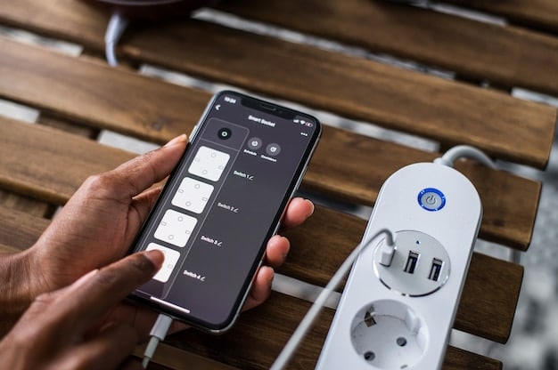 A person using a smartphone app to control multiple smart plugs and outlets in a living room scenario. The app interface should be clearly visible, showcasing features like scheduling and energy monitoring.
