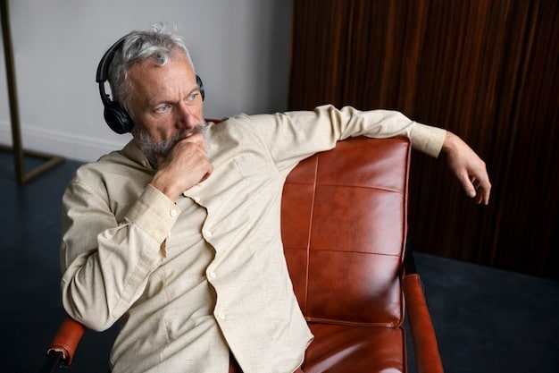 An elderly man sitting in his armchair, confidently speaking to a smart speaker. The speaker is responding to his request, and the man looks relaxed and in control.