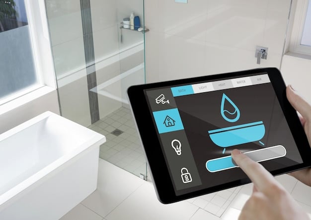 A smart home dashboard interface on a tablet, displaying real-time water usage data and leak alerts from the smart leak detection system.